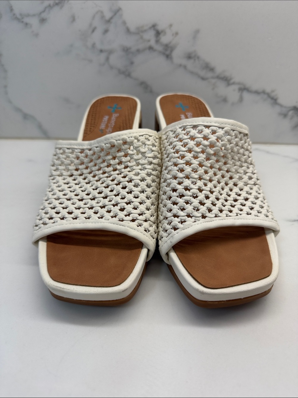 BareTraps White Woven Slide Mules with Tan Footbed